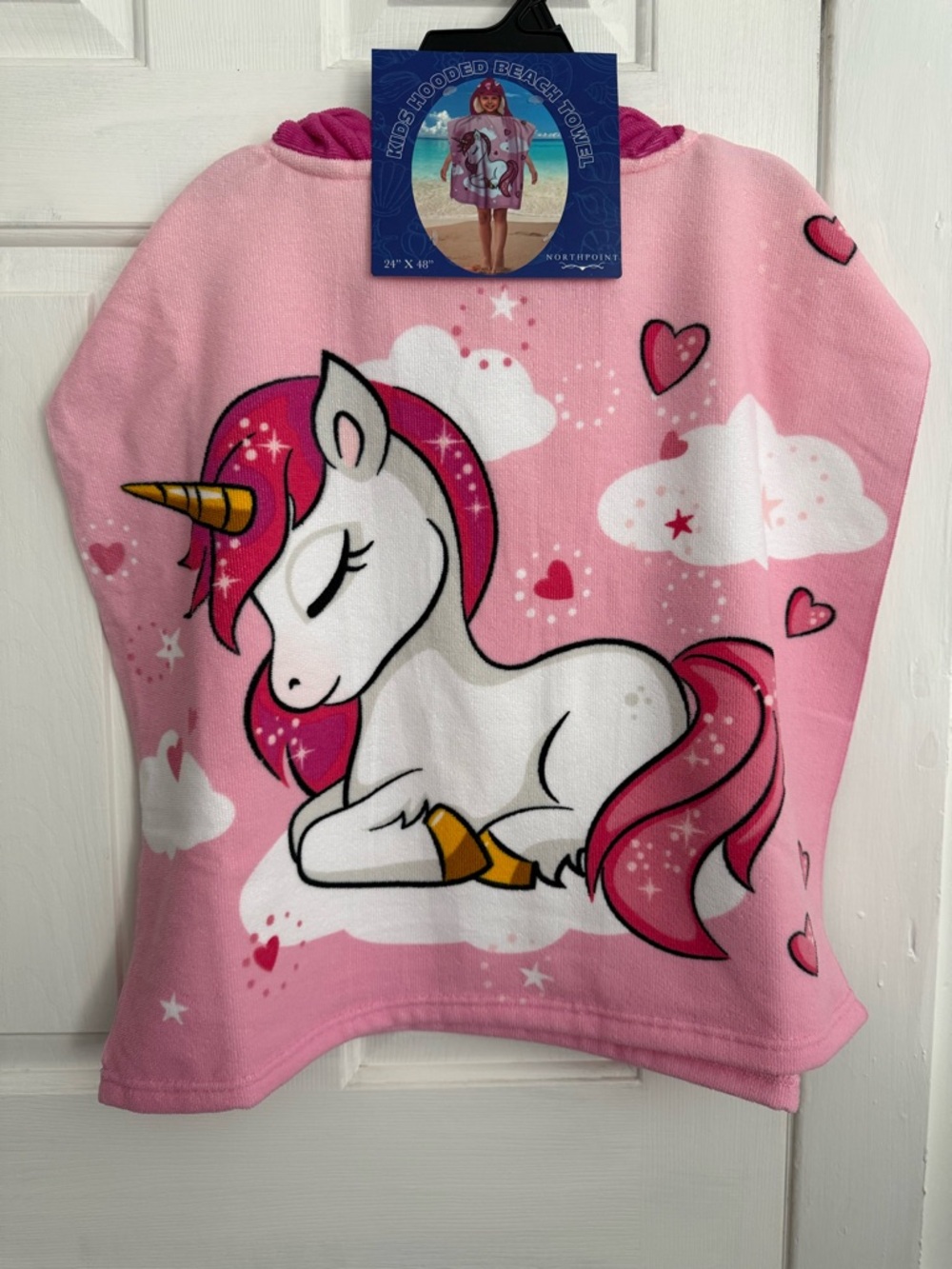 Kids Hooded Unicorn Beach Towel Poncho - Pink